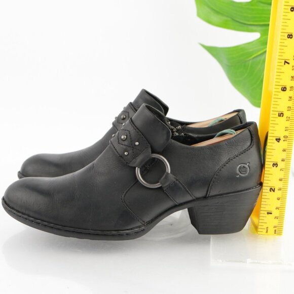 Born Womens Lorlei Boot Size 8 Black Leather Low Block Heel Harness Western Moto - Picture 6 of 12